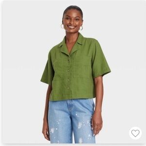 Universal Threads Hunter Green Linen Blend Button Down Shirt, Size Large